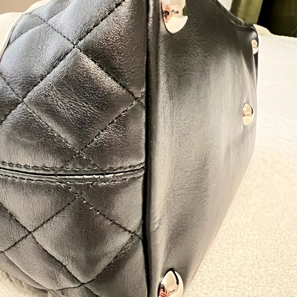CHANEL Black Quilted Leather Shoulder Tote with White CC Emblem